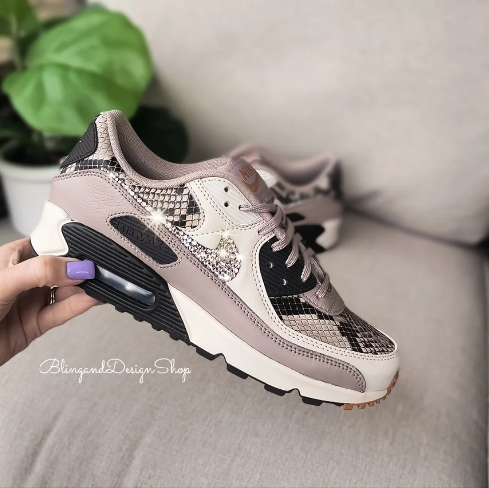 Bling Womens Nike Air Max 90 Animal Print Customized Sneakers With Crystals